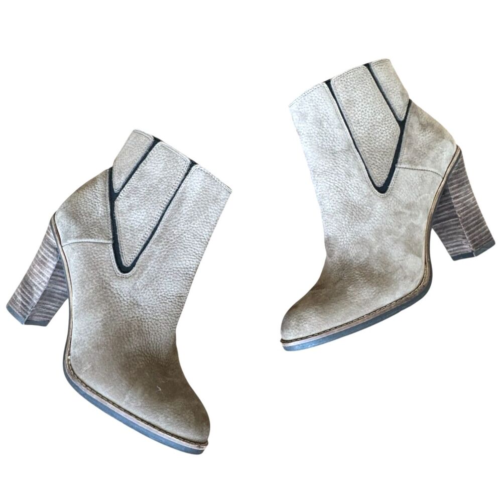 Lucky Brand Maldeev Wood Block Heeled Bootie Tan Nubuck Leather Womens Size 9